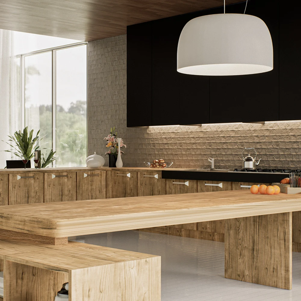 Kitchen with dark upper cabinets, wood-grained counters and white pendant lights