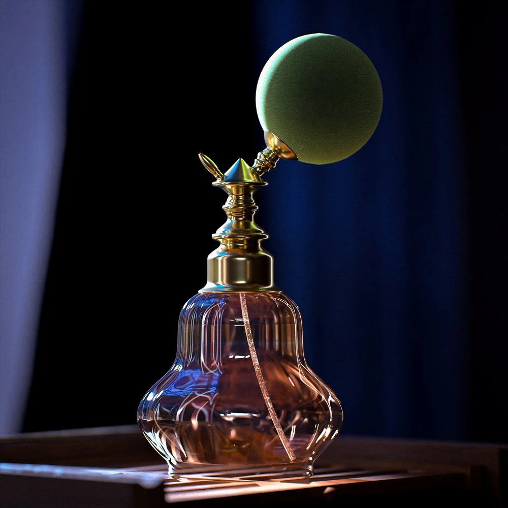Faceted perfume bottle with a gold-toned neck and green sphere against blue