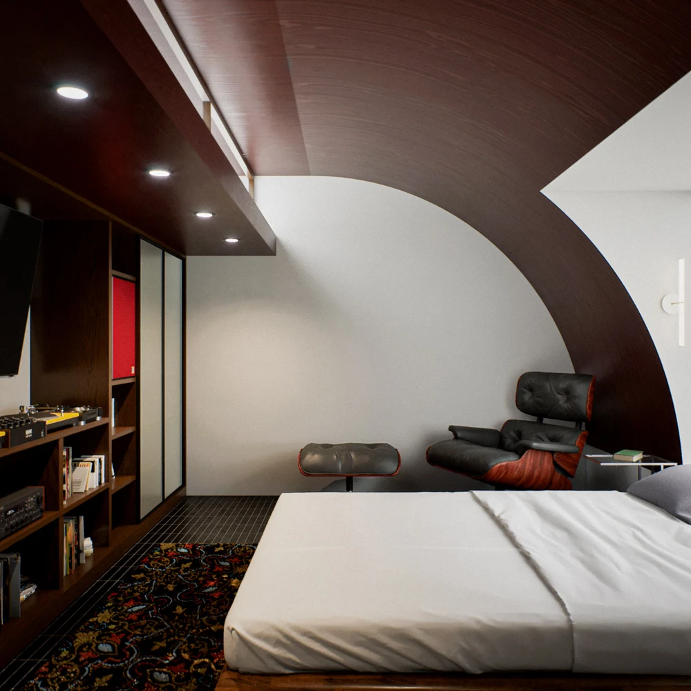 Bedroom with pale bedding beneath a curved wood-toned ceiling