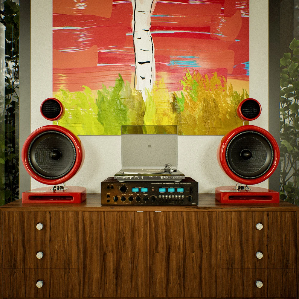 Pair of red rounded speakers above a turntable and wood cabinet