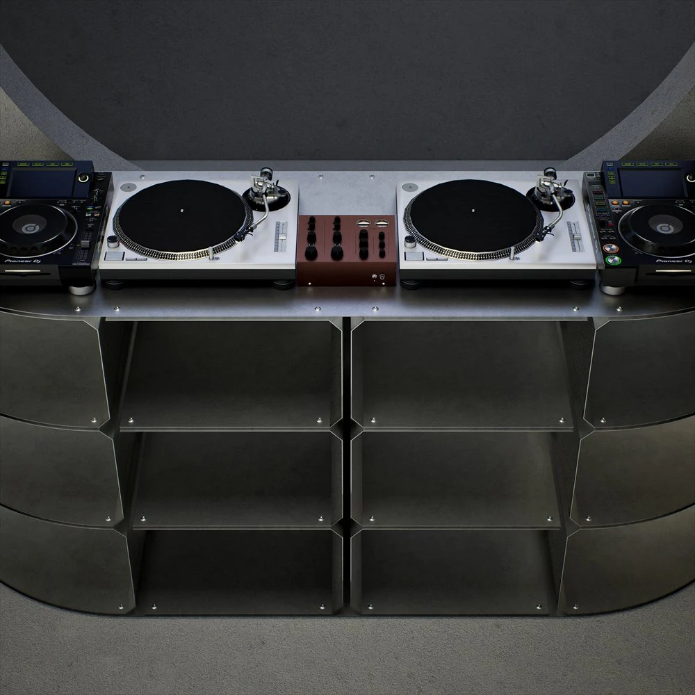 Two turntables above a grey table with deep open compartments