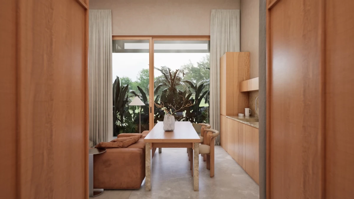 Villa A dining table and brown sofa framed by warm wall panels