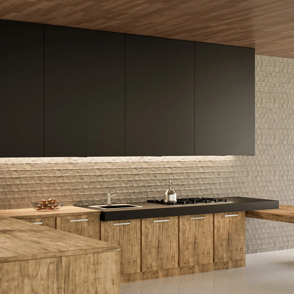 Corner view of dark kitchen cabinets and wood-grained counters