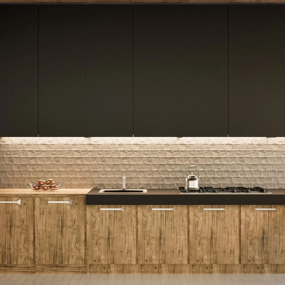 Front view of dark upper cabinets above a textured kitchen wall