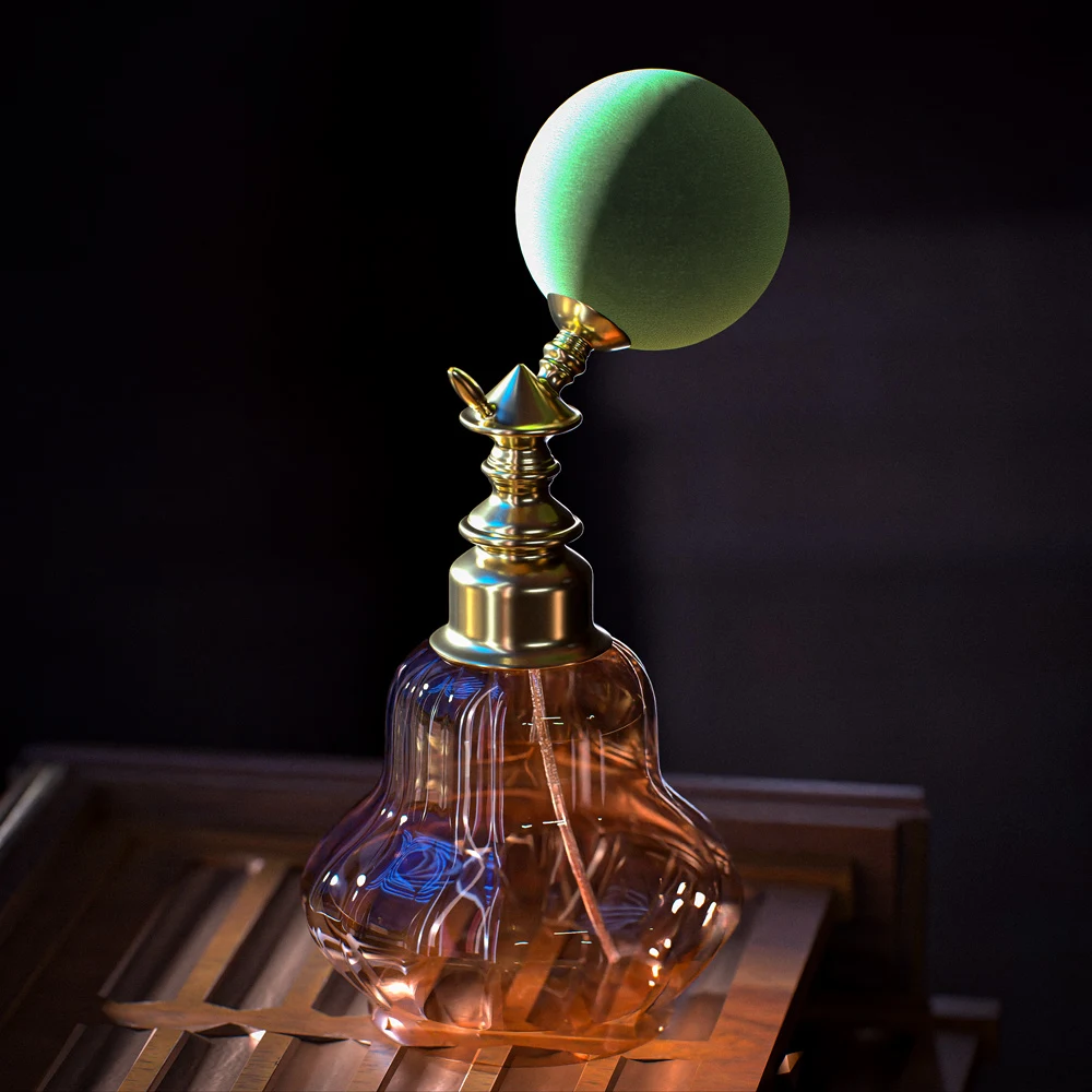 Side view of the faceted perfume bottle with green sphere and amber reflections