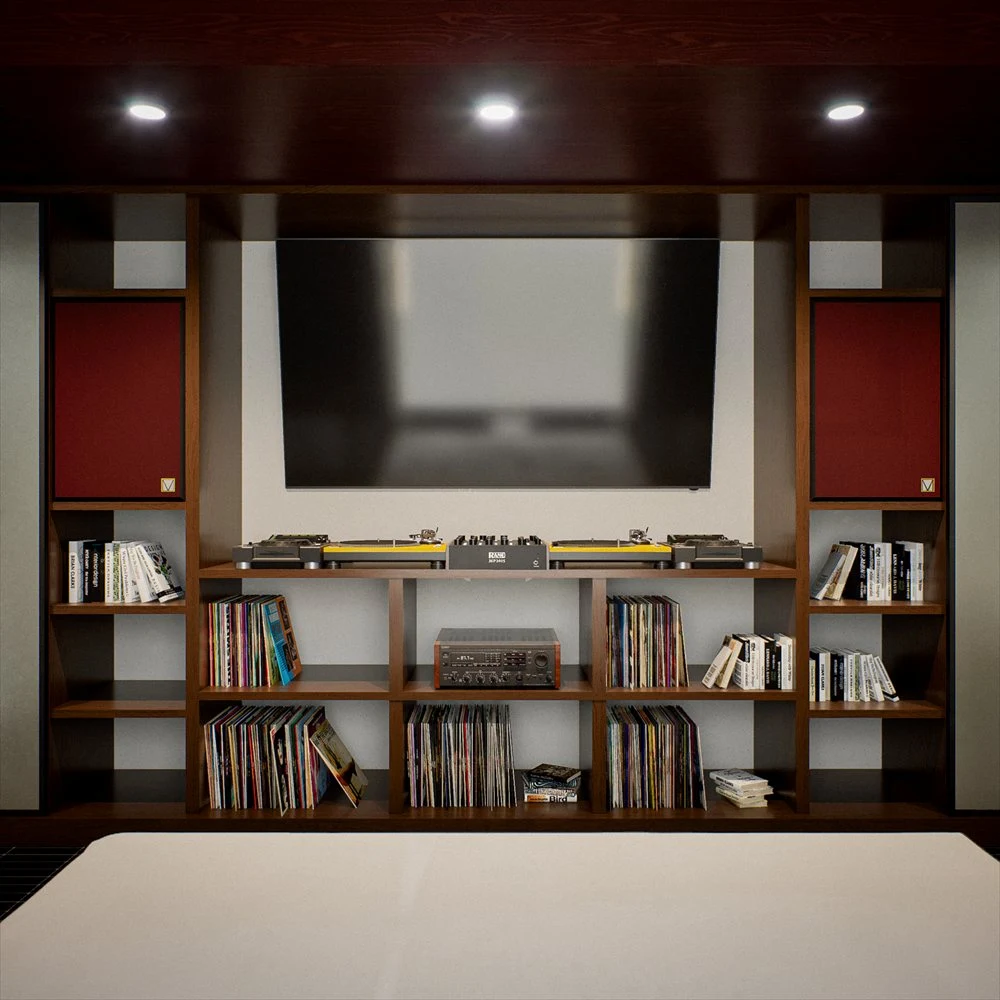 Records and audio equipment in shelving beneath a wall-mounted screen