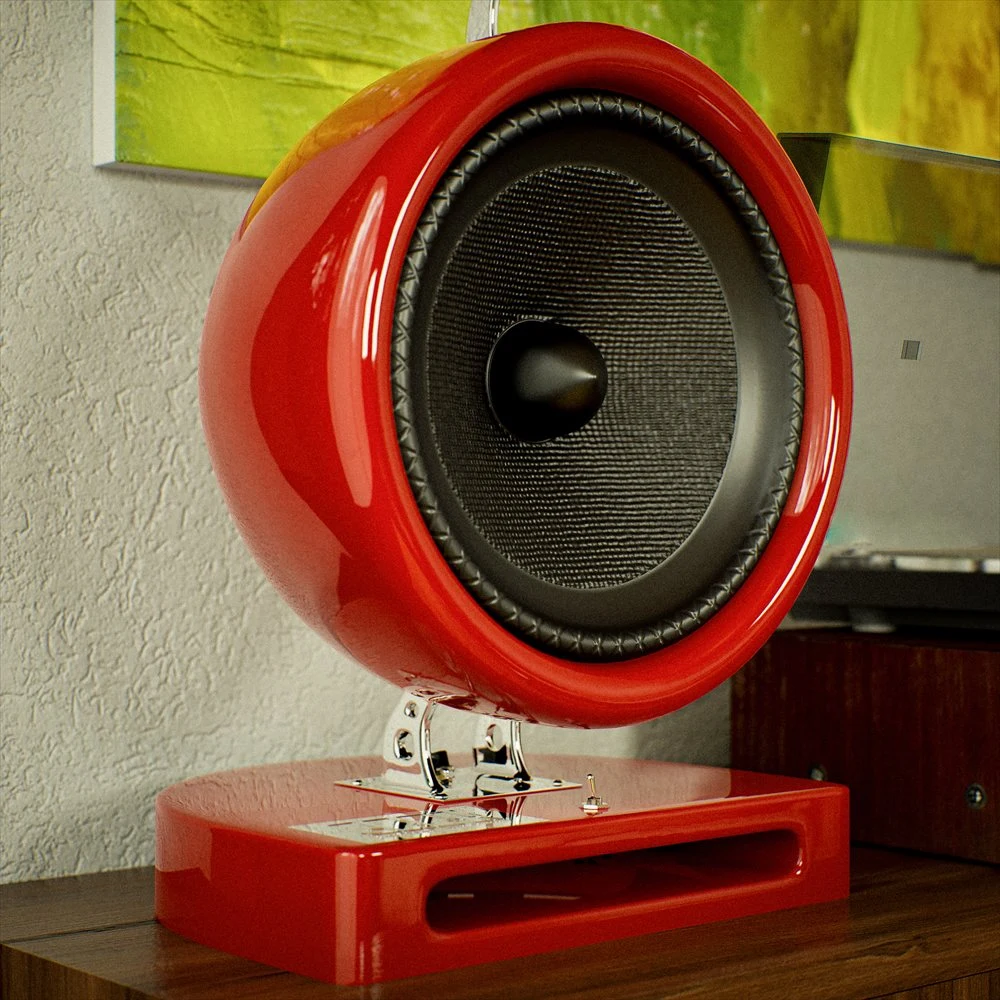 Red speaker housing with a black grille on a matching base