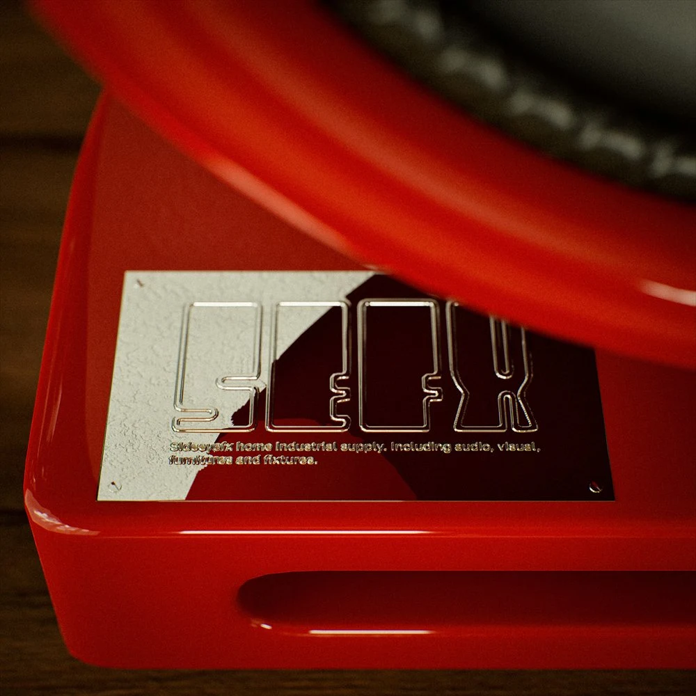 Reflective badge on the red speaker base