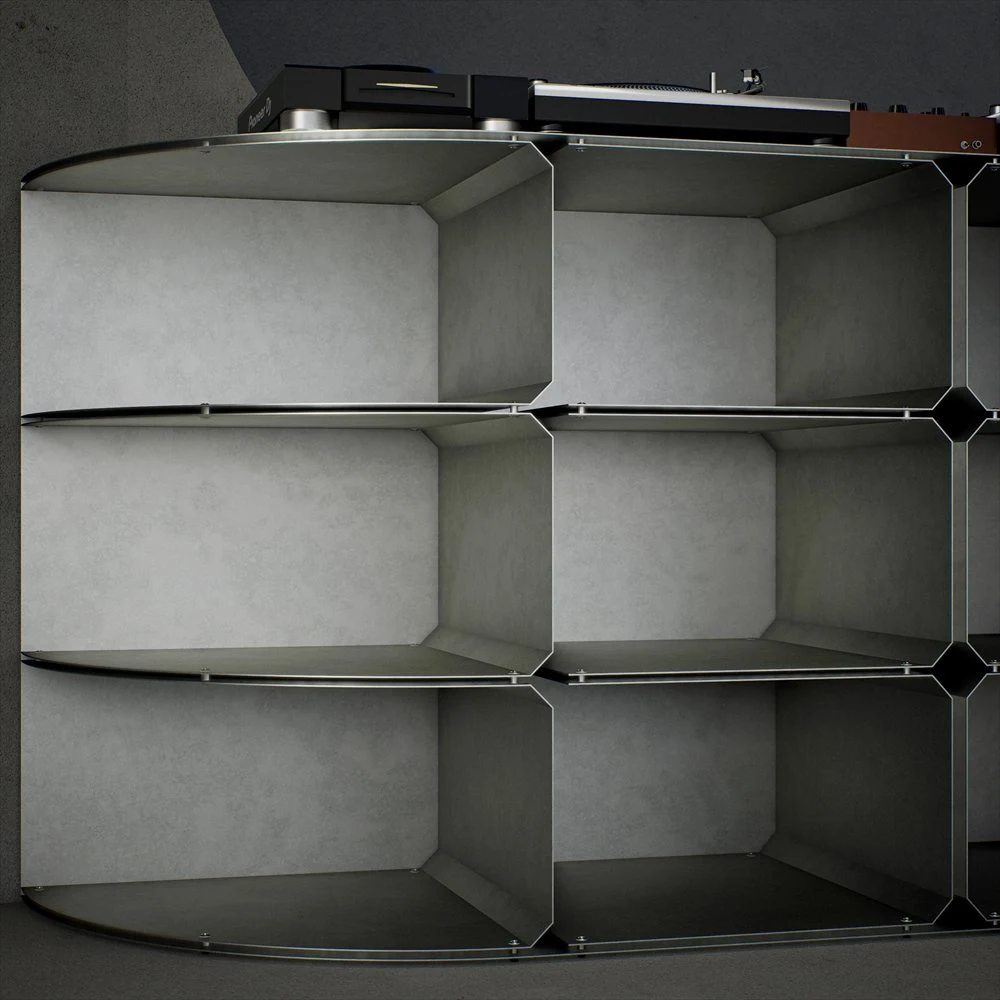 Front corner of the recessed DJ table and turntables