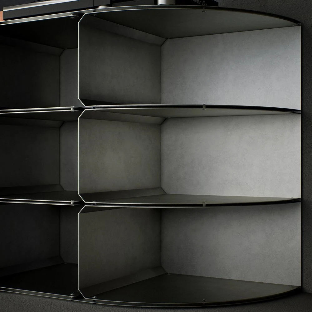 Rounded end of the DJ table with open compartments